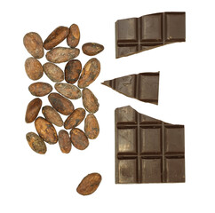Broken chocolate bar. Cocoa beans of high quality. Terroir chocolate, bean to bar concept.