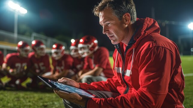 A focused american football coach analyzes data on a tablet while his team in red jerseys looks on, under bright lights at night.