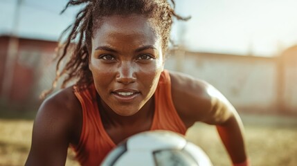 A determined female soccer player captures her fierce focus and passion as she holds the ball, ready to conquer the field and engage in a vigorous match outdoors.