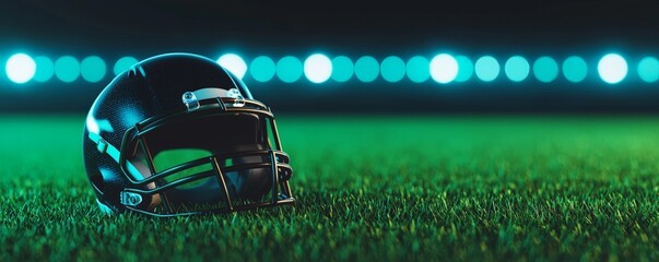 american football helmet rests on the grass, illuminated by soft, glowing lights, creating a dynamic atmosphere for a game.
