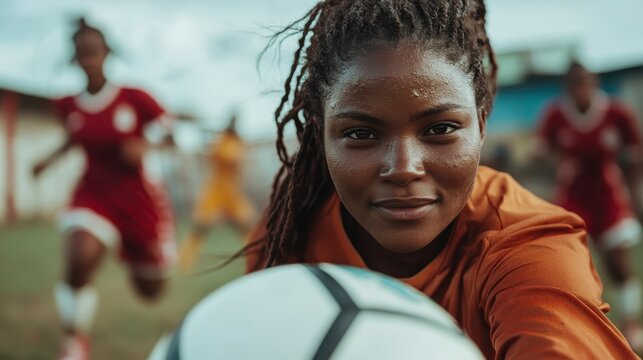 A poised female soccer player in action on a field holds focus on the ball, displaying athleticism and competitive drive, looking to score amidst the game.