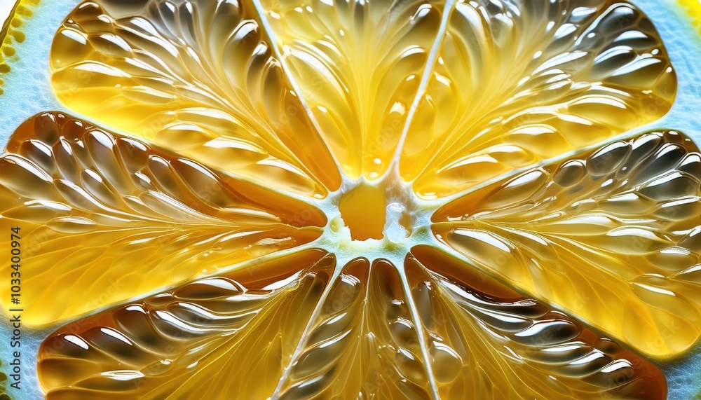Poster high-definition macro shot of a glowing citrus slice showcasing intricate pulp structure and translu