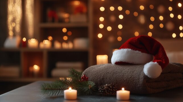Wellness salon with Santa's hat, Christmas promotion for treatments and massages in the spa facility