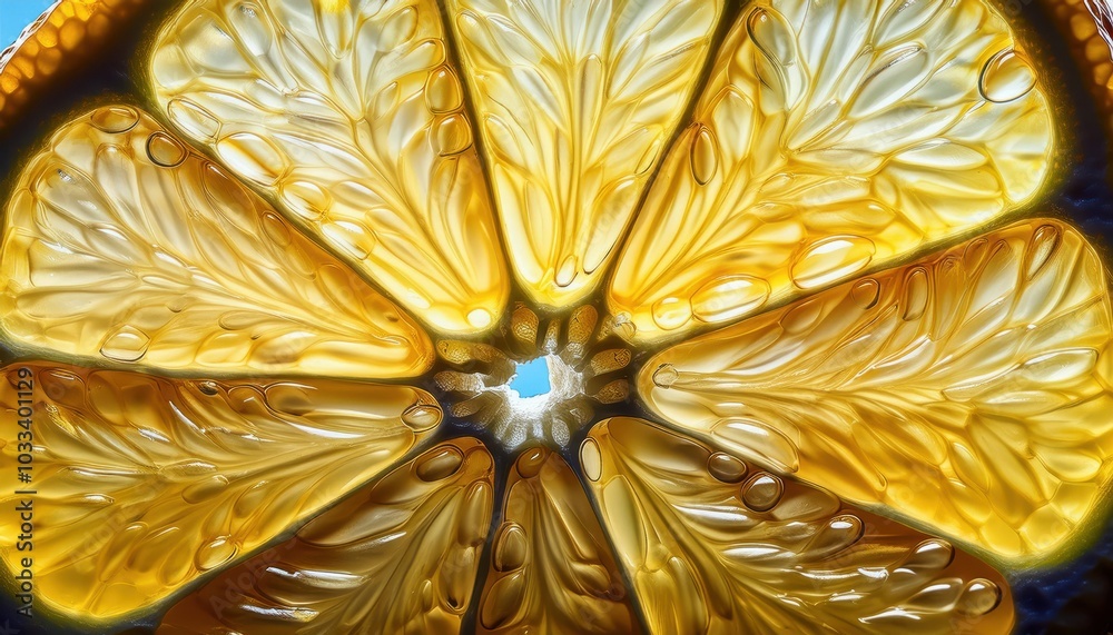 Poster High-Definition Macro Shot of a Glowing Citrus Slice Showcasing Intricate Pulp Structure and Translucent Fibers in Vivid Detail. Perfect for Wellness, Nutrition, and Organic Food Campaigns