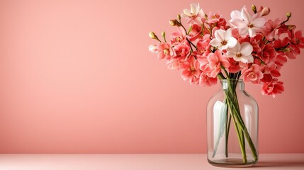 Fototapeta premium A minimalist vase with pink and white blossoms set against a soft pink background, embodying elegance, simplicity, and the gentle beauty of floral arrangements.