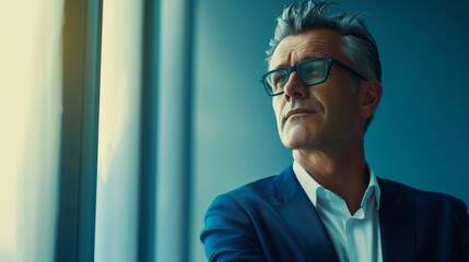 Fototapeta premium An angel investor, adorned with a glowing halo, attentively evaluates a startup pitch, wearing a serene smile amidst the soft, morning light, embodying the concept of entrepreneurial success 