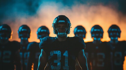 A dramatic american football scene featuring a player in the foreground and teammates in the background, illuminated by vibrant lighting against a smoky backdrop.