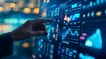 Hand Interacting with a Screen Displaying Data and Graphs