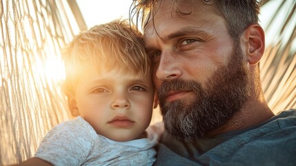 A tender moment captured as a father and son relax in a hammock, the golden sunset lighting their serene faces, emphasizing love and family bonds.