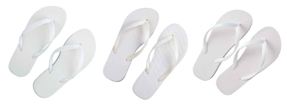 collection of pair of white flip flops or sandals isolated on white background top view