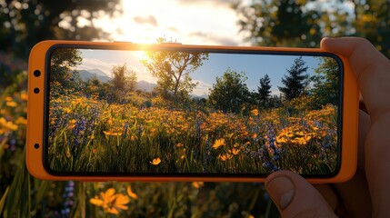 Smartphone Capturing a Scenic Grassy Field Landscape