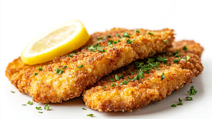 Close-up of schnitzel with lemon and parsley on white background.