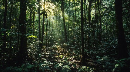 Obraz premium Dense forest with sunlight streaming through the trees