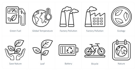 A set of 10 Ecology icons as green fuel, global temperature, factory pollution