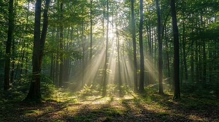 Obraz premium Dense forest with sunlight streaming through the trees