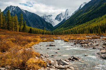 the beautiful valley of the Shavla river in Altai in autumn