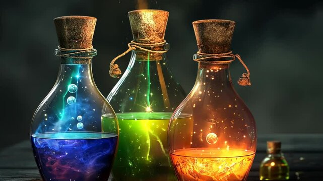 Glowing potion bottle, with colorful liquids bubbling