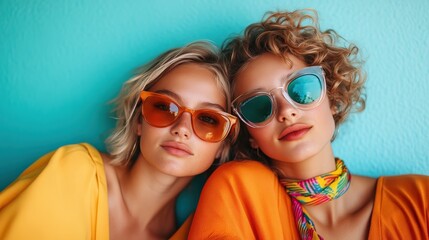 Trendy friends sporting fashionable shades and bright outfits, set against a turquoise backdrop, they exude youthful energy and casual coolness.