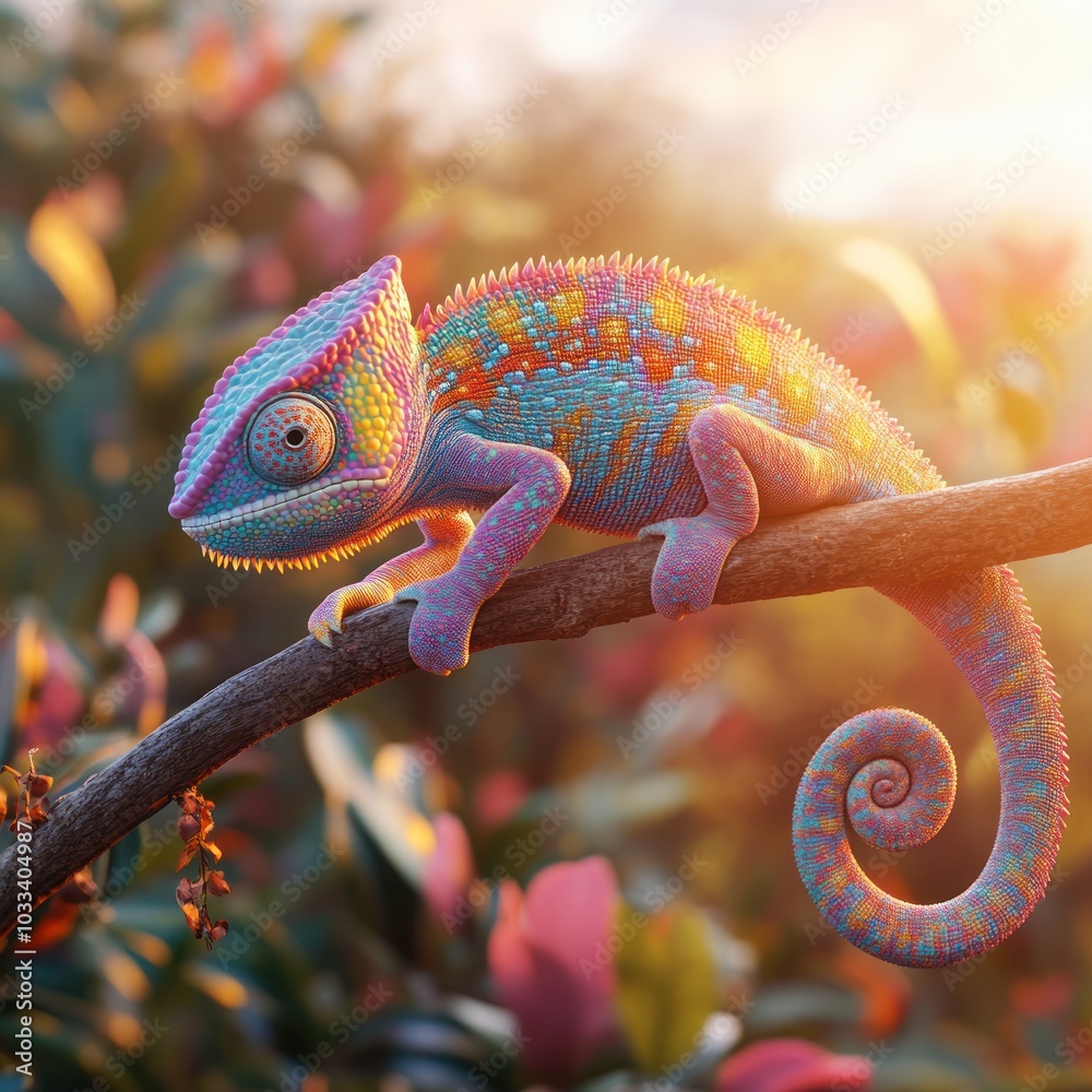 Wall mural A vibrant chameleon perched on a branch, its colorful scales shimmering in the warm sunlight.