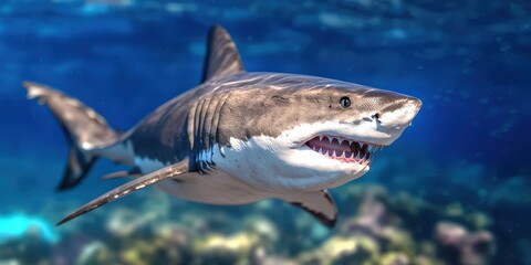 Naklejka premium Great White Shark Underwater Close up of Fierce Predator in Ocean