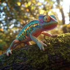 A vibrant chameleon perched on a moss-covered branch, basking in the warm sunlight filtering through the leaves.