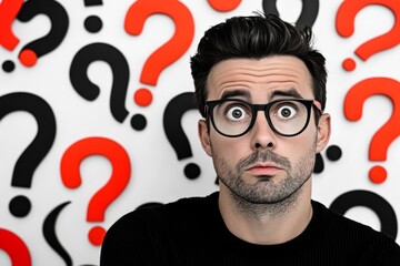Man with glasses is staring at a wall full of questions. He is confused or unsure about something. Young man is looking for a solution and is surrounded by many question marks