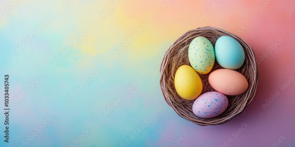 Poster multicolored easter eggs in a woven basket on a colorful background. pastel-colored easter eggs. hol
