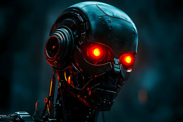Fototapeta premium Futuristic Robot with Glowing Red Eyes in a Dark Environment