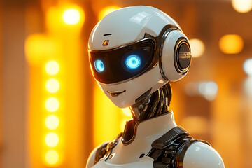 Fototapeta premium Advanced Humanoid Robot with Glowing Blue Eyes in a Futuristic Setting