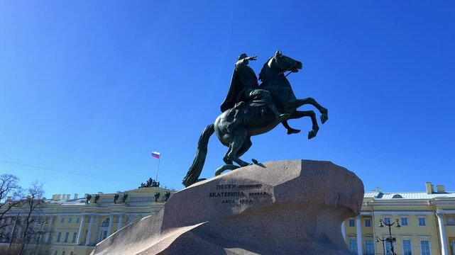 ST. PETERSBURG, RUSSIA - APRIL 16: The Bronze Horseman is a monument to Tsar and Emperor Peter I the Great on Senate Square. The symbol of St. Petersburg. 4К	