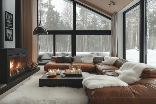 Cozy modern rustic living room in winter with candles, fireplace and snow outside