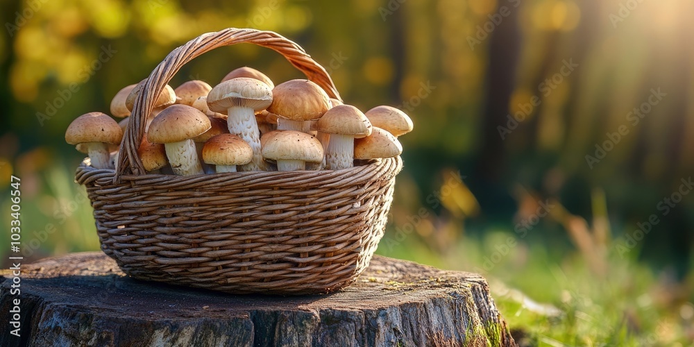 Poster brown mushrooms in a basket resting on a tree stump.