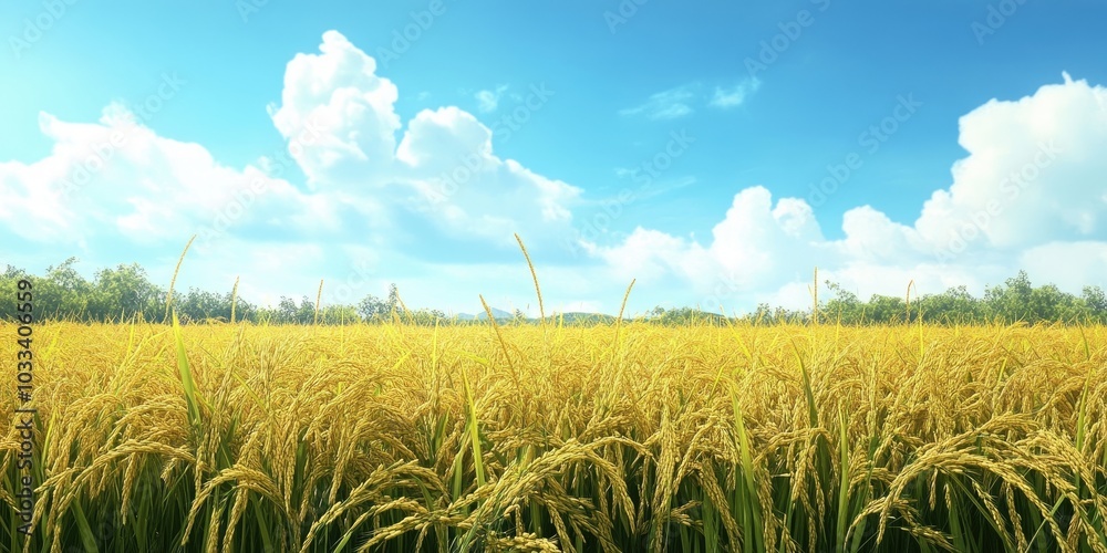 Poster a perspective of rice fields against a backdrop of blue sky.