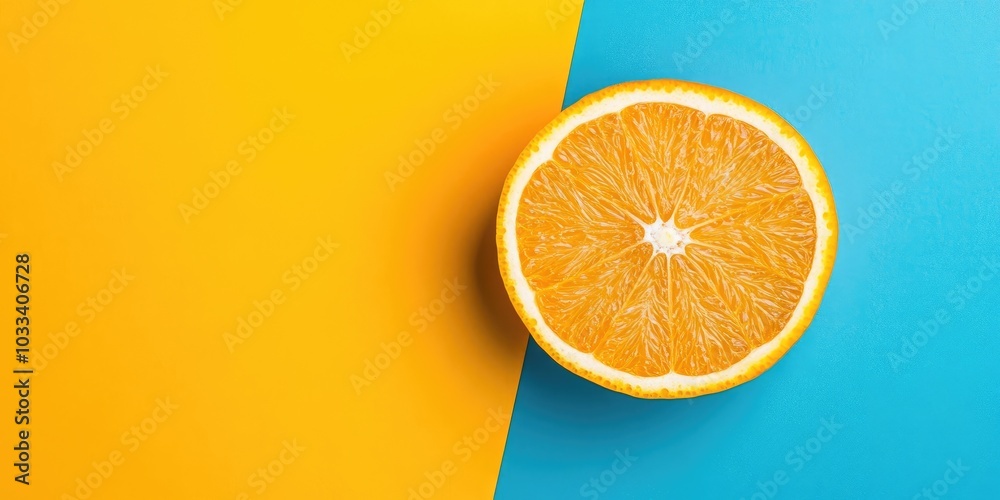 Fototapete fresh orange fruit slices on a colorful background. top view. copy space. creative summer idea. half