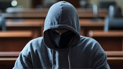 Anonymous Figure Using Laptop in Courtroom