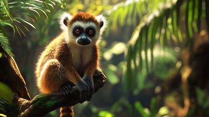 Fototapeta premium Lemur exploring amidst rich greenery in tropical jungle setting