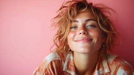 A cheerful woman with reddish hair and freckles smiles warmly at the camera, set against a vibrant pink background, exuding positivity and style.