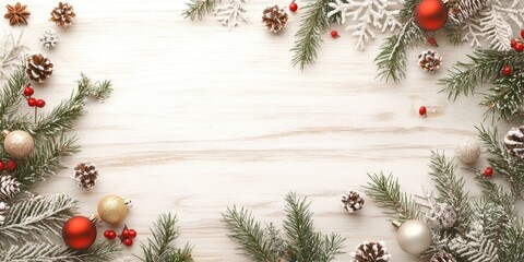 Lovely Christmas arrangement and adornment on a light wooden surface, flat lay, top view, copyspace (text space).