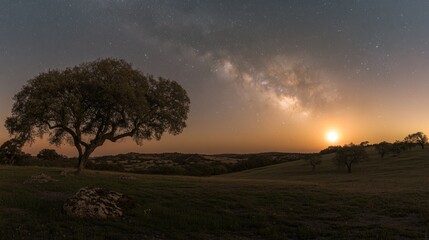A lone tree stands in a field under the Milky Way, with the moon rising in the distance.