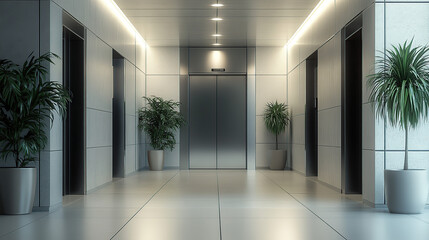 A modern and minimalist office building interior with an elevator, featuring light gray tile walls