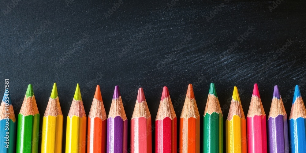 Poster Group of Objects Close Up Concept Back to School Colorful Pencils Notebook Black Chalkboard Background Behind. Design Copyspace Educational Supplies