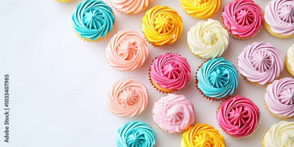 Poster vibrant spring cupcakes on a horizontal white backdrop with copy space.