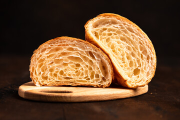 Cut in Half Croissant with Inside Texture and Thin Crisp Layers. Delicious French Pastry. Dark background.