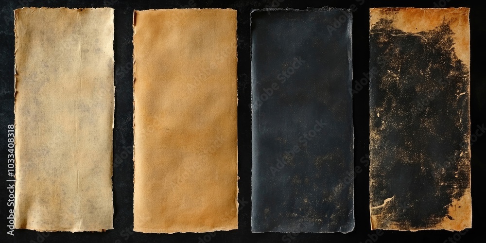 Aufkleber a collection of four intriguing textures of old, stained, yellowed, and darkened paper against a bla