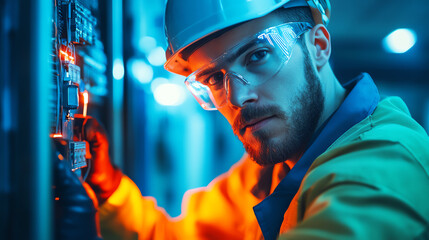 A focused technician wearing a helmet and safety glasses, working on electrical machinery in a high-tech environment with blue and orange lighting.