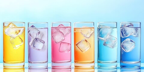 Glasses of fresh water and ice cubes on a colorful background.