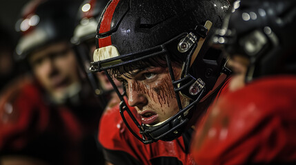 The quarterback, sweat dripping down his face, leans into the huddle, shouting encouragement to his teammates. v2