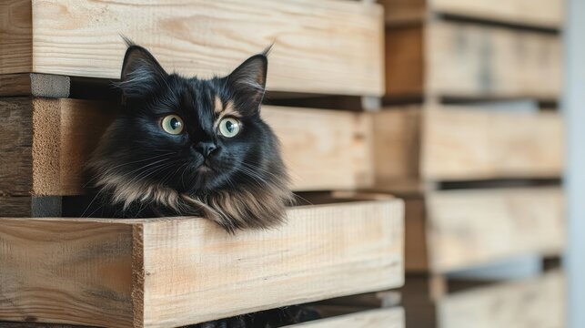 A long-haired, wide-eyed black cat relaxes inside a wooden crate, exuding curiosity and comfort in a cozy indoor setting with a calm ambiance.