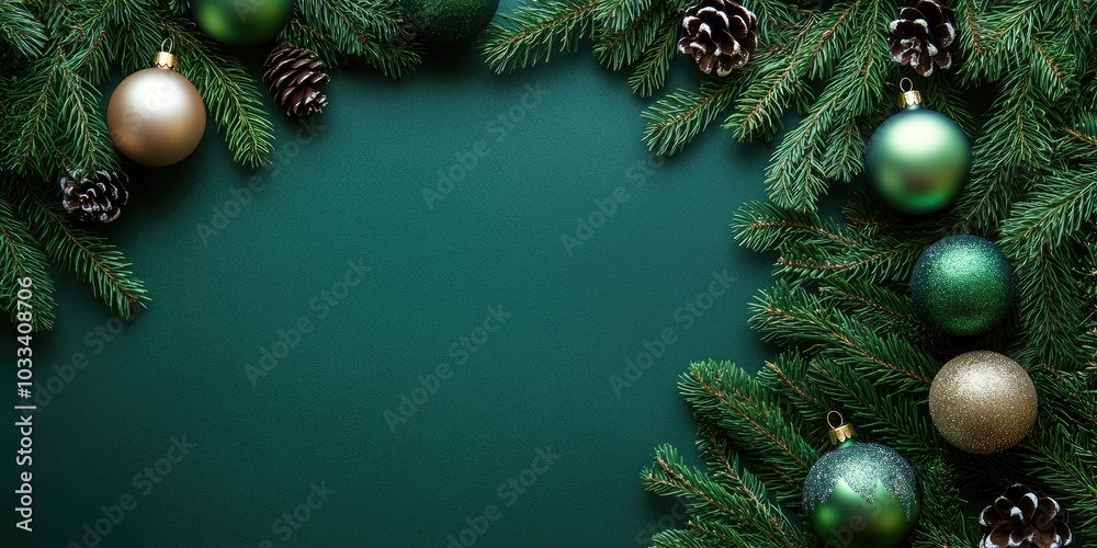 Aufkleber Christmas backdrop featuring a fir tree and ornaments. Top view with copyspace.