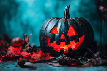 Jack o lantern on foggy background. Halloween poster with space for text